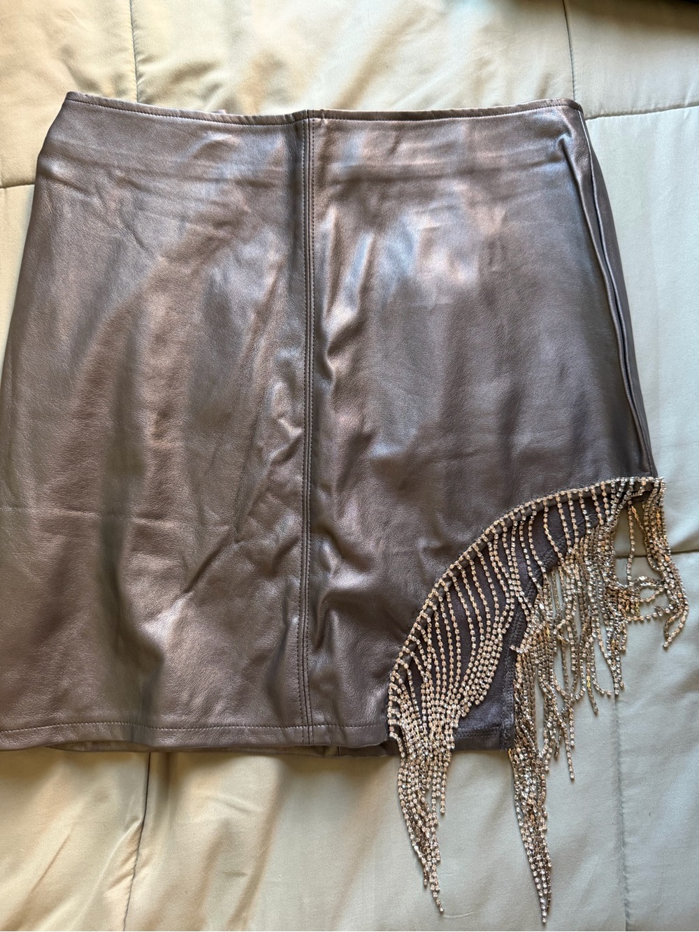 Silver Leather Skirt with Rhinestone